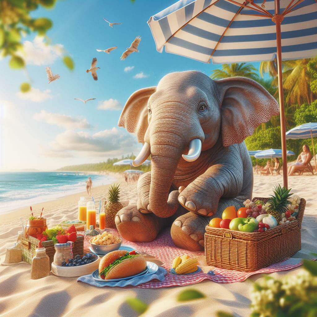 Voorbeeld van DALL E prompt met olifant tijdens een picknick