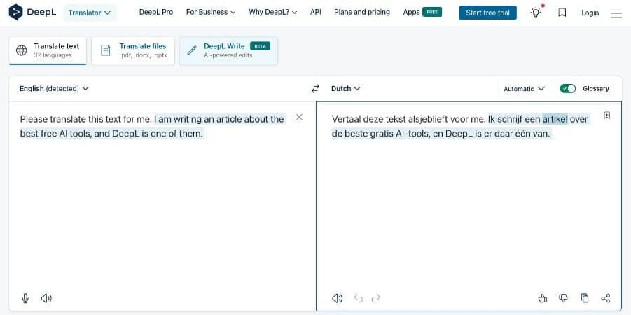 Beste AI-tools, screenshot van DeepL.